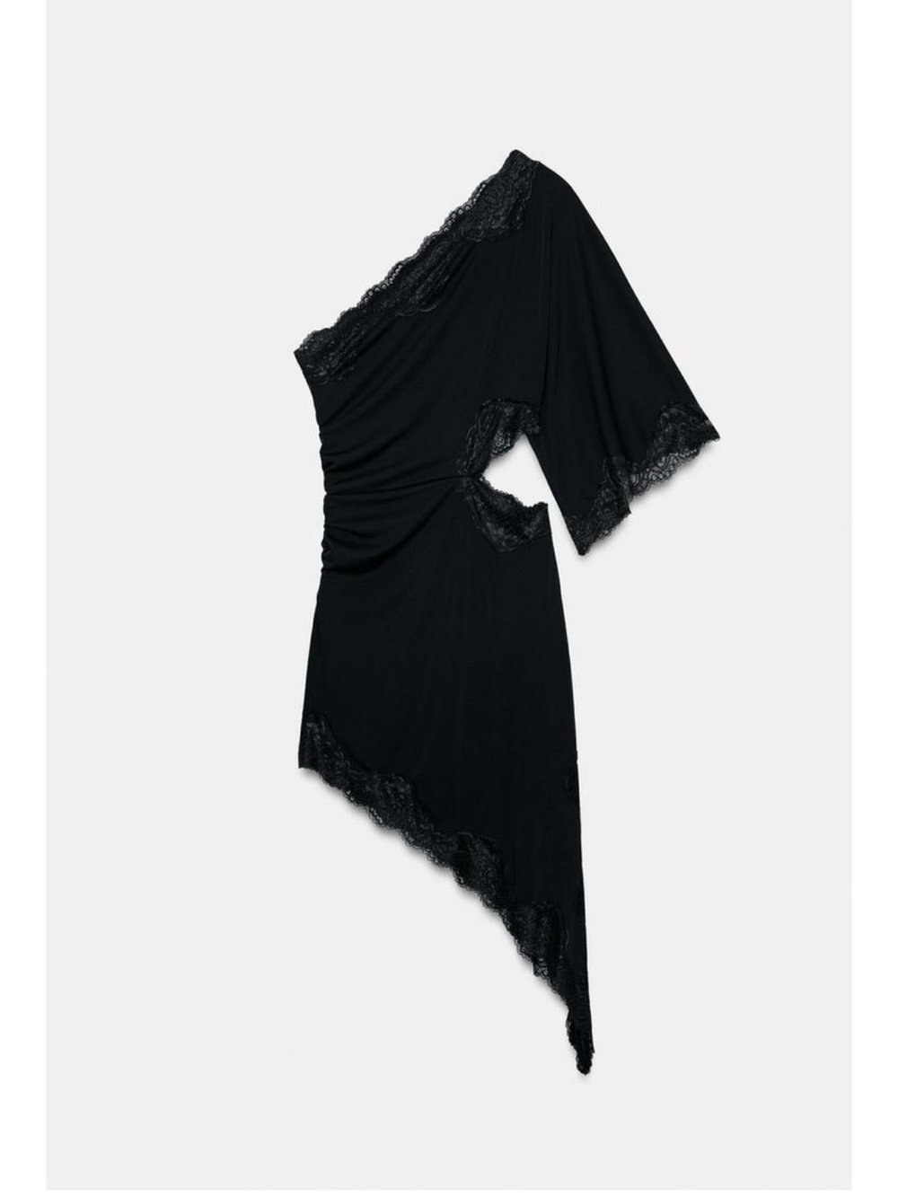 Zara Black One-Shoulder Asymmetric Lace-Trim Dress